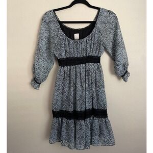 VTG Y2K Black Micro Floral Lace Trim Babydoll Dress Tiered Coquette Milkmaid XS